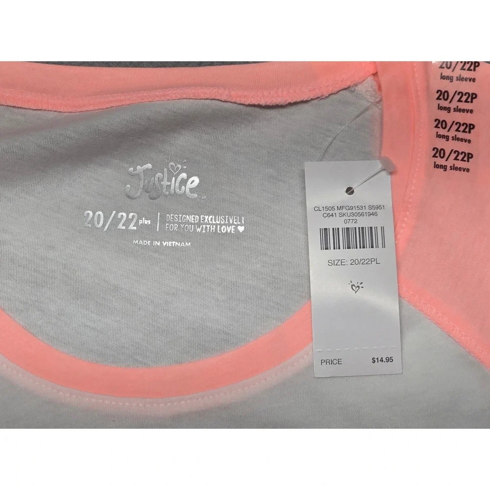 Justice Girls Unicorn Raglan Long Sleeve T-Shirt White Peach Plus Size 20/22PL